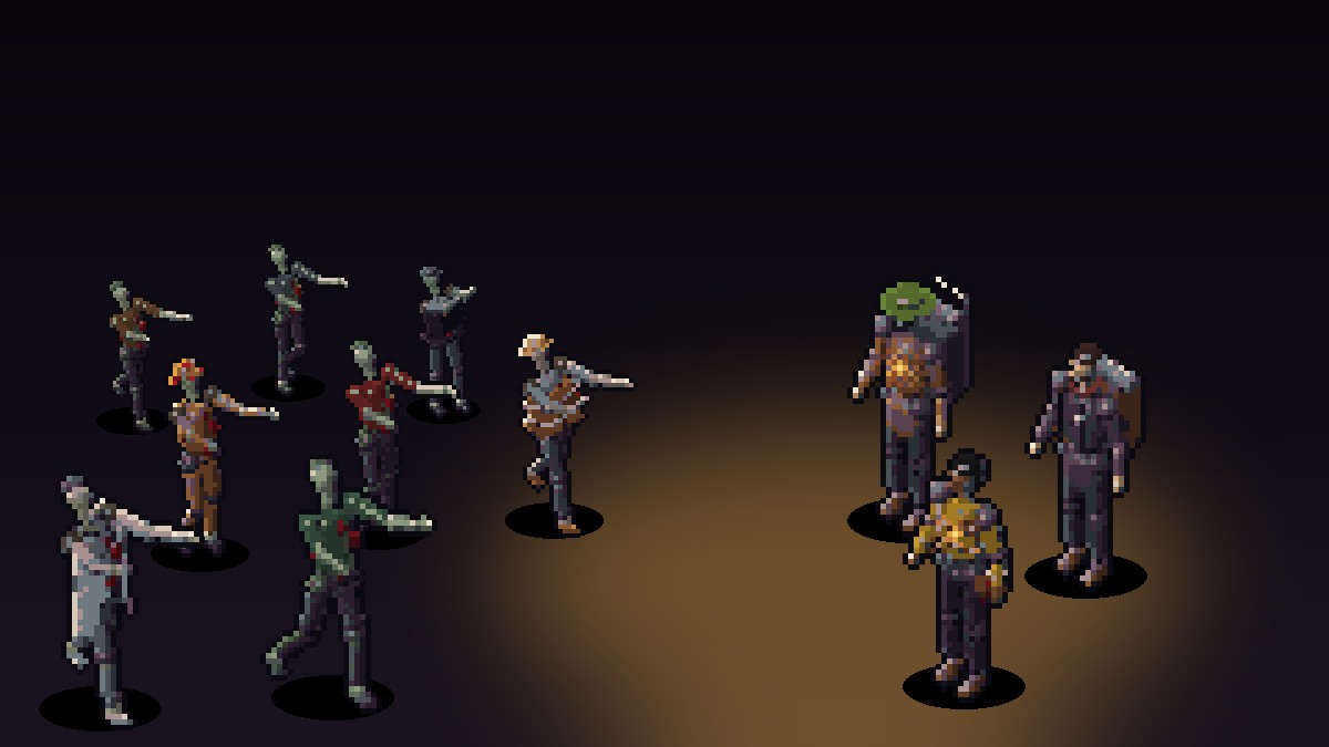 Three survivors in the light of a lantern facing a horde of zombies